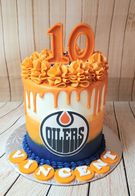 Edmonton Oilers Cake, Hockey Themed Cake, Nhl Cake, Oilers Cake, Hockey Birthday Cake, Hockey Cake, Hockey Cakes, Hockey Birthday Parties, Crazy Cake