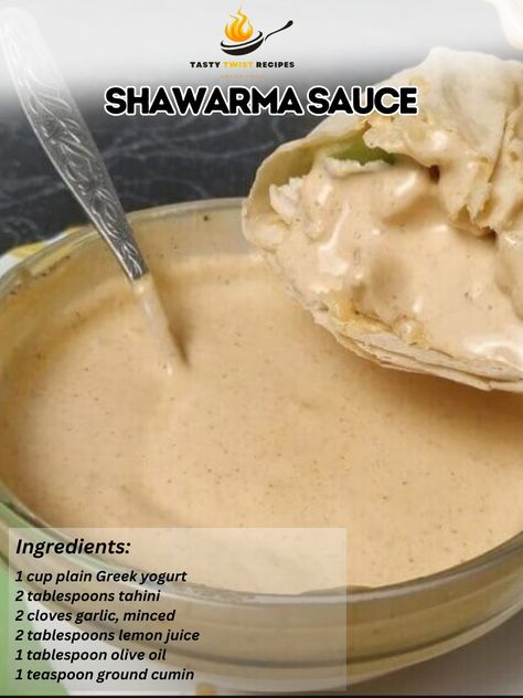 Shawarma Sauce Ingredients: 1 cup plain Greek yogurt 2 tablespoons tahini 2 cloves garlic, minced 2 tablespoons lemon juice 1 tablespoon olive oil 1 teaspoon ground cumin 1/2 teaspoon paprika Salt and black pepper to taste 2 tablespoons chopped fresh parsley (optional) Instructions: Combine Ingredients: In a mixing bowl, combine the Greek yogurt, tahini, minced garlic, lemon juice, olive oil, ground cumin, paprika, salt, and black pepper. Mix Well: Whisk the ingredients together until wel... Shawarma Sauce, Instagram Recipes, Twisted Recipes, Trending Recipes, Presentation Ideas, Plain Greek Yogurt, Delicious Dishes, Fresh Parsley, Tahini