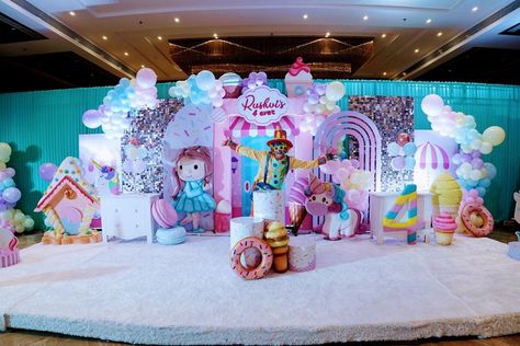 Unicorn in Candy Land 4th Birthday Party theme #rushvi's4ever #birthday #unicorn #candyland Candy Birthday Theme, Candy Land Theme Party, 4th Birthday Party Theme, Candy Land Decor, Bday Decor, Candy Birthday, Birthday Unicorn, Candy Land Theme, Birthday Balloon Decorations