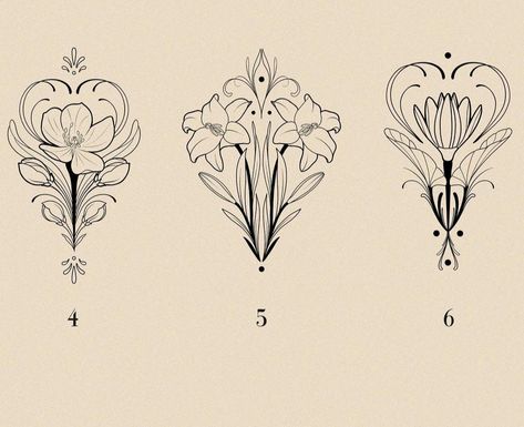 Art Nouveau Botanical Tattoo, Art Deco Style Tattoo, Neo Ornamental Tattoo, Art Nouveau Lillies, Art Nevou Tattoo, Art Nouveau Floral Design, Ornamental Botanical Tattoo, Ornamental Flower Tattoo Design, Symmetrical Flower Tattoo