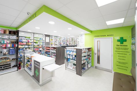 Pharmacy Exterior Design, Small Pharmacy Design, Pharmacy Store Front Design, Medical Store Interior Design, Pharmacy Layout, Pharmacy Signage, Pharmacy Interior, Medical Shop, Pharmacy Decor