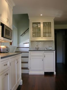 Stairs to attic or bonus room off kitchen Staircase In Kitchen, Stairs In Kitchen, Kitchen Remodel Idea, In Kitchen, Custom Cabinets, Dream Kitchen, My Dream Home, A Kitchen, Kitchen Inspirations