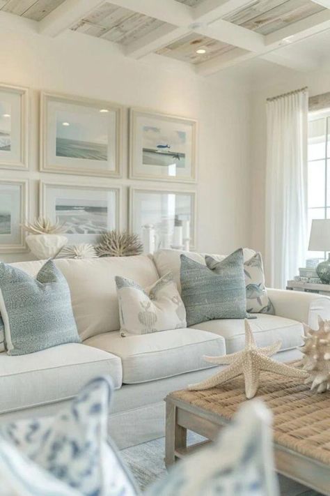 Cape Cod House Interior Ideas, Framed Shells, Coastal Casual Living Room, Wallpaper Living Room Accent Wall, Seaside Aesthetic, Light Blue Living Room, Coastal Ideas, Farm Core, Tropical Villa