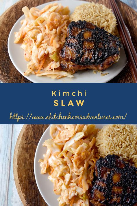 Kimchi Slaw is a delicious twist on your regular slaw. Depending on the kimchi, it could be a deliciously spicy or completely unique side dish for your backyard barbecue. #BBQWeek #coleslaw #sidedish Kimchi Slaw Recipes, Kimchi Coleslaw, Bon Chon, Kimchi Slaw, Unique Side Dishes, Friends Recipes, Slaw Recipes, Cookout Food, Homemade Salads