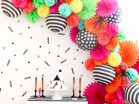 Paper Lantern Birthday Decor, Paper Lantern Garland Diy, Fan Party Decorations, Paper Lanterns Decorations, Paper Fan Garland, Paper Lantern Garland, Paper Lantern Decorations, Lantern Garland, Neon Party Decorations