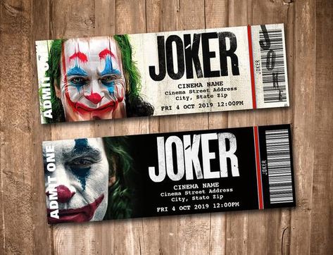 Movie Ticket Graphic Design, Movie Ticket Ideas, Movie Ticket Design, Tickets Design, First Joker, Adult Halloween Party Invitations, Joker Movie, Movie Ticket, Movie Date