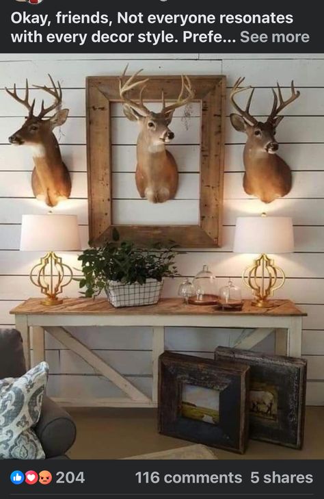 Antler Mount Gallery Wall, Wildlife Themed Living Room, Farmhouse With Deer Mounts, Walls With Deer Mounts, Modern Deer Mount Decor, Deer Mount Office, Wildlife Wall Decor, Living Room With Animal Mounts, Mounted Duck Decor Living Rooms