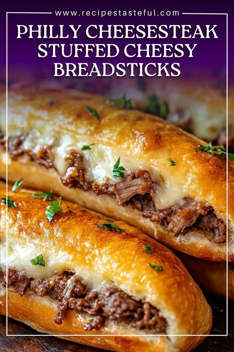 These Philly Cheesesteak Stuffed Cheesy Breadsticks bring together the flavors of a classic Philly cheesesteak in a fun, cheesy breadstick form. Made with tender steak, provolone cheese, and garlic-infused dough, these breadsticks are perfect for dipping in marinara or queso for a delicious snack or appetizer. Baked Steak Recipes, Good Food To Eat, Sweet Dip, Hungry Man, Breadsticks Recipe, Baked Sandwiches, Bread French Toast, Easy Coleslaw, Baked Steak