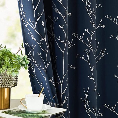 Amazon.com: Vangao Navy Blue Blackout Curtains 63 Inches Length 2 Panels for Living Room Bedroom Silver Branch Foil Print Thermal Insulated Grommet Top Window Drapes : Home & Kitchen 96 Inch Curtains, Bedroom Silver, Insulated Window Treatments, Black Blackout Curtains, Blue Blackout Curtains, Window Curtains Living Room, Long Living Room, Living Room Window, Window Curtain Rods