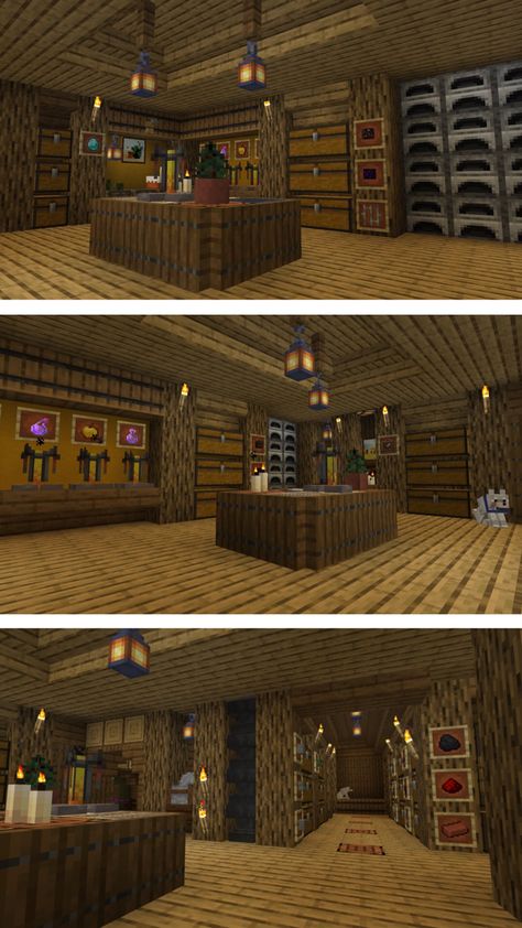 Chest Room Minecraft Ideas Outside, Workshop Minecraft Ideas, Minecraft Attic Interior, Minecraft Workshop Ideas Interior, Minecraft Workstation Ideas, Minecraft Interior Design Storage, Minecraft Workshop Design, Storage Shed Minecraft, Magazyn W Minecraft Ideas