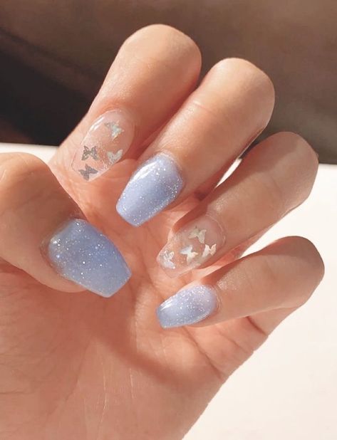 ━ 𝐡𝐚𝐳𝐞𝐥 ☻ Butterfly Acrylics, Butterfly Nails, Butterfly Nail, Periwinkle Blue, Blue Butterfly, Blue Nails, Winter Nails, Nail Ideas, Nail Inspo