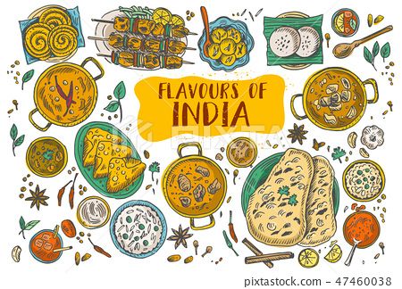 Hand drawn Indian food, Vector Illustration Indian Food Drawing, Litti Chokha, Food Logos, Chole Bhature, Recipe Book Design, Food Art Painting, Food Vector, Food Doodles, Indian Illustration