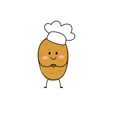 Cute happy potato character chef. Vector flat cartoon character illustration icon. Concept potato farm vegetable. Isolated on white background. Potato Illustration Cute, Cute Potato Drawing, Cute Potato Cartoon, Potato Icon, Potato Farm, Potato Cartoon, Cartoon Potato Cute, Potato Illustrations, Salad Drawing