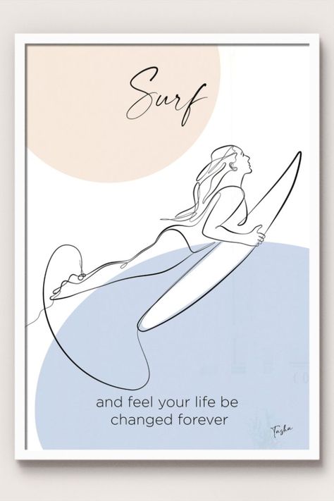 Surfer Girl Line Art Folder Design Inspiration, Surfer Artwork, Surf Drawing, Surf Room Decor, Cozy Minimalist, Ocean Tattoos, Minimalist Drawing, Continuous Line, Surf Art