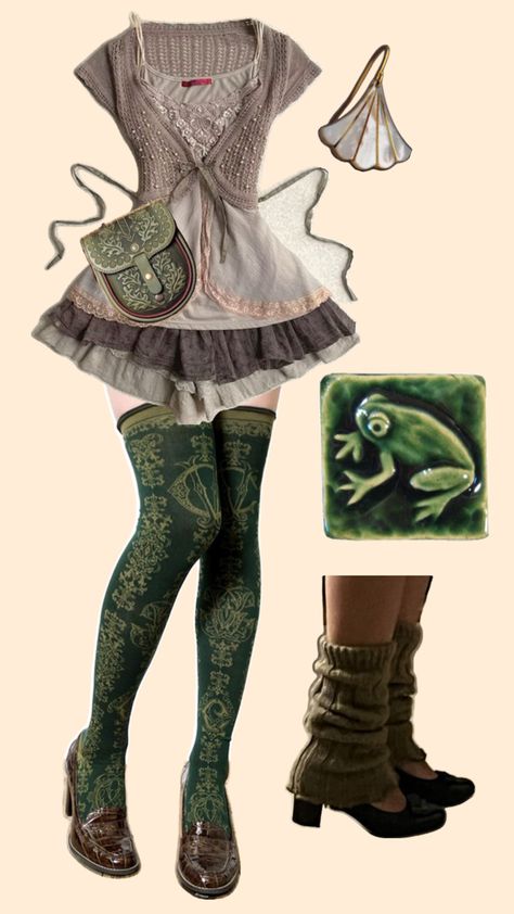 Swamp Outfit Aesthetic, Swamp Aesthetic Clothes, Frog Inspired Outfit, Frog Outfit Aesthetic, Green Outfits, Kawaii Frog Outfit, Ripped Jeans Ideas, Silly Clothes, Bad Fashion