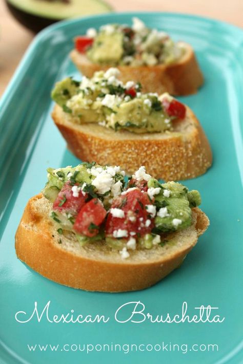 Mexican Bruschetta on MyRecipeMagic.com Mexican Bruschetta, Mexican Appetizers, Yummy Appetizers, Fajitas, Appetizer Snacks, Feta Cheese, Finger Foods, Cilantro, Mexican Food Recipes