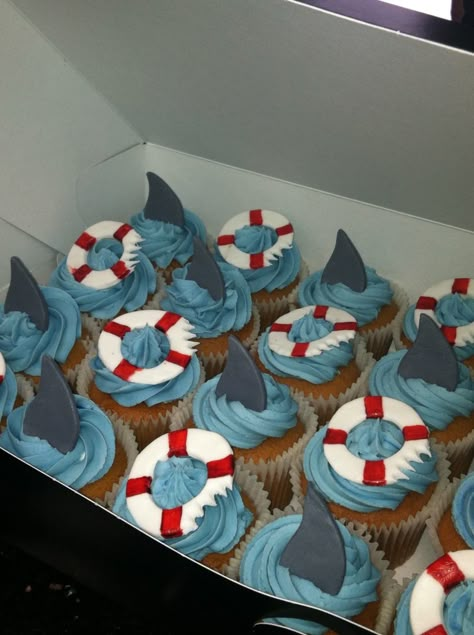 shark fins & life saver cupcakes - cute! Shark Cupcakes, Shark Tail, Shark Themed Party, Shark Themed Birthday Party, Shark Cake, Shark Birthday Party, Shark Fin, Shark Party, Childrens Birthday Cakes