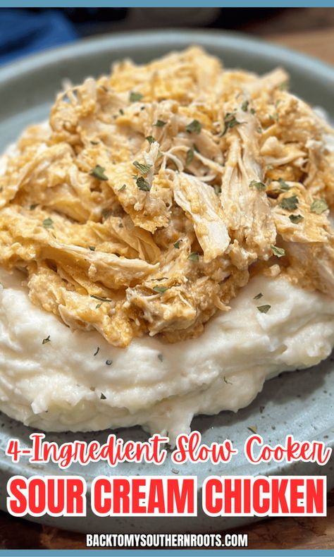 Discover the easiest 4-ingredient slow cooker sour cream chicken recipe! 🍗 Just toss everything in your crockpot, and let it do the work for a creamy, delicious dinner. The Crock Pot chicken recipe is perfect for busy weeknights! #CrockpotRecipe #EasyDinners #SlowCookerMagic #Yum Recipes Using Sour Cream, Crock Pot Chicken Recipe, Cream Chicken Recipes, Slow Cooker Chicken Casserole, Shredded Chicken Crockpot, Yogurt Chicken, Cream Chicken, Sour Cream Chicken, Sour Cream Sauce