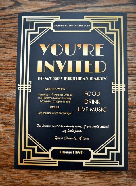 Speakeasy Invitations, Gatsby Party Invitations, Roaring 20s Birthday, Great Gatsby Prom, Gatsby Birthday Party, Black And Gold Party, Gatsby Gala, Gatsby Party Decorations, Anna Louise