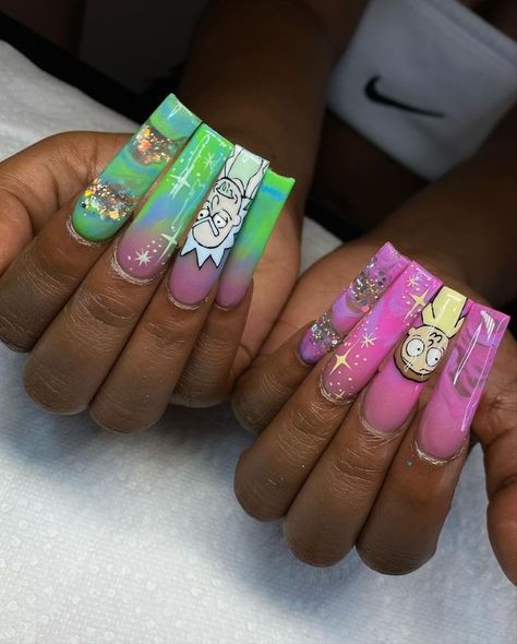 Complex Acrylic Nails, Nail Art Swatches, Summer Nail Inspo Coffin Long, Birthday Nail Set Ideas Sagittarius, Stone Acrylic Nails, 4 20 Nails, Dope Nails Summer, Scooby Doo Nails Acrylic, Cosmo And Wanda Nails