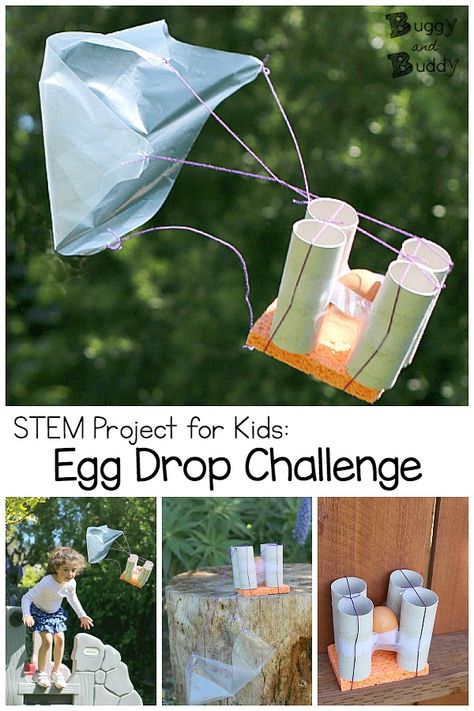 STEM and Design Challenge for Kids: The Egg Drop Project- Design a container or contraption to keep an egg from breaking for a high fall. Includes free printable planning sheet and tips for doing this science activity with kids of all ages! #buggyandbuddy #stem #scienceforkids #eggdrop #eggdropchallenge #eggdropproject Egg Drop School Project, Egg Dropping Experiment, Diy Egg Drop Project, Egg Drop Supplies, Eggdrop Project Ideas, Egg Drop Science Experiment, Egg Drop Contraption Project Ideas, Egg Drip Project Ideas, Best Egg Drop Project Ideas