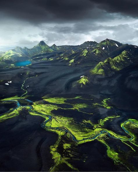 he highlands of Iceland, where black meets green. ��� Iceland Travel, Environment Concept Art, Alam Yang Indah, Fantasy Landscape, Aerial View, Amazing Nature, The Other Side, Beautiful World, Beautiful Landscapes