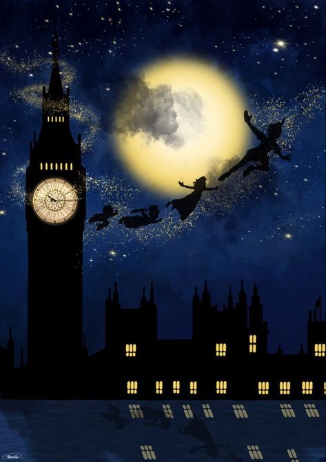 London Peter Pan, Peter Pan Flying Over London, Peter Pan Poster, Neverland Aesthetic, Peter Pan Wallpaper, Peter Pan Art, London Drawing, Cute Backgrounds For Iphone, Disney Theory