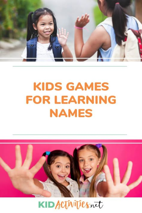 A collection of kids games for learning names. These name games will build name familiarity and can be used as getting to know you games. #kidactivities #kidgames #activitiesforkids #funforkids #ideasforkids Name Game For Preschoolers, Learning Name Games For Kids, Name Game For Kindergarten, Name Games For Kindergarten, Name Games For Preschoolers, Introduction Games For Kids, Name Games Preschool, Games To Learn Names, Social Games For Kids