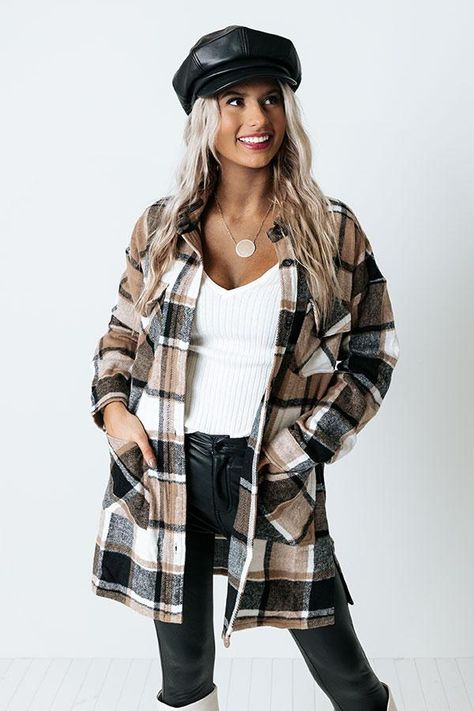 Happy Harvest Plaid Coat In Mocha Cropped Flannel, Drop Shoulder Shirt, Plaid Outfits, Long Sleeve Outerwear, Collar Coat, Flannel Women, Flannel Jacket, Plaid Coat, Casual Vest