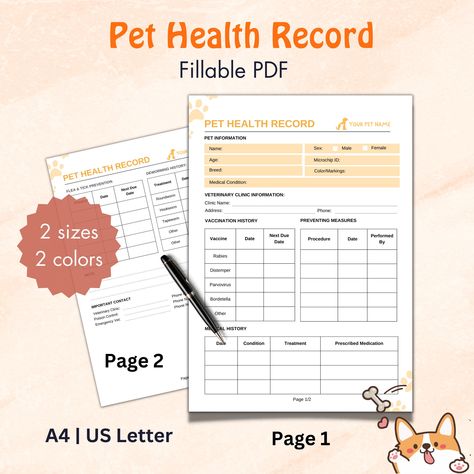 Record Printable, Record Template, Pet Health Record, Health Record, Tick Prevention, Female Names, Veterinary Clinic, Dog Breeder, Pet Sitters