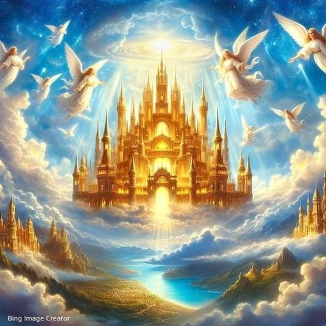 Paradise Heaven, Golden Castle, Jesus Background, A New Earth, Jesus Second Coming, Celtic Gods, Jesus Christ Painting, Heaven's Gate, Angel Drawing