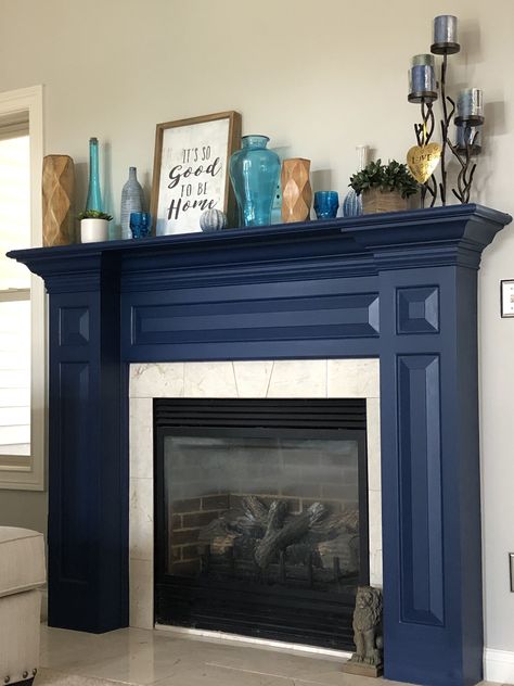 Sherwin-Williams Salty Dog.  Walls are Agreeable Gray Navy Fireplace, Blue Fireplace, Painted Fireplace Mantels, Grey Sectional Couch, Interior Door Colors, Agreeable Gray Sherwin Williams, Blue Gray Paint, Paint Fireplace, Navy Walls