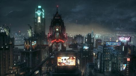 Batman: Arkham Knight, Gotham City Skyline. Gotham City Skyline, Batman City, Gotham News, Batman The Long Halloween, Skyline Artwork, Gotham Batman, City Tattoo, Batman Arkham City, Superhero Batman