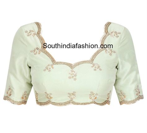 Embellished Blouse with Scalloped Borders Scallops Blouse Design, Scallop Border Blouse, Scallop Blouse Designs, Blouse Neck Patterns, Scalloped Blouse, Blouse Necklines, Pattu Saree Blouse Designs, Saree Blouse Neck Designs, Goddess Decor