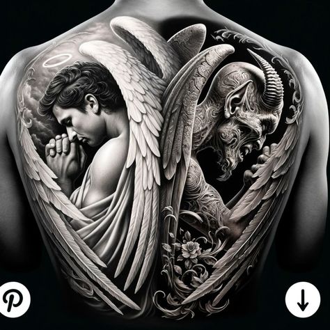 Angel Demon Back Tattoo, Half Good Half Evil Tattoo, Angels Back Tattoo, Angel And Demon Tattoo Men, Fallen Angel Tattoo Sleeve, Good And Evil Tattoo Battle Between, Demon And Angel Tattoo, Demonic Tattoos For Men, Demon Back Tattoo