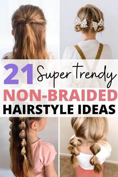 We tried one of these no braid hairsyles this morning before school and my daughter loved her hair! Thank you for this list! Long Hair Girl Hairstyles, Fun Girl Hairstyles Daughters, Easy Hairstyles For Kids To Do, Cute Girls Hairstyles For School, Girls Hairdos For School, Girls Hair Ideas For School, Last Day Of School Hair, Picture Hairstyles For Kids, Hairstyles For 9 Year Girl