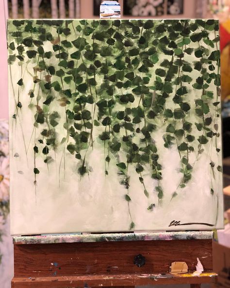 On the easel today “cascading Vines” 24”x 24” .75” acrylic on canvas . Trying out my greenery with acrylic instead of watercolor. What do… Canvas Background Ideas, Painting Greenery, Scripture Painting, Canvas Painting Projects, Canvas Background, Green Paintings, Plant Painting, Acrylic Canvas, Chalkboard Art