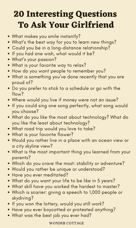 245 Questions To Ask Your Girlfriend - Wonder Cottage Questions To Talk About With Your Boyfriend, Questions To My Future Self, Things To Ask From Your Boyfriend, Things To Ask Your Girlfriend Over Text, Topics To Talk With Your Girlfriend, Topics To Talk About With Your Girlfriend, Conversation Topics With Girlfriend, Questions For My Girlfriend, How To Talk To Your Girlfriend