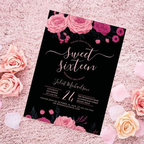 $2.09 | Pretty Pink Roses Floral Black Sweet 16 - sweet 16 sixteen birthday party, roses floral flowers botanical, leaves leaf, blush neon pink black, pretty beautiful elegant gorgeous, girly girl trendy trends, unique typography, summer spring fall winter, modern contemporary, buds blooms Black And Pink Birthday Invitations, Anniversary Brunch, Delicate Typography, Black Sweet 16, Winter Birthday Invitations, Winter Onederland Birthday Party, Winter Invitations, 16 Invitations, Onederland Birthday Party