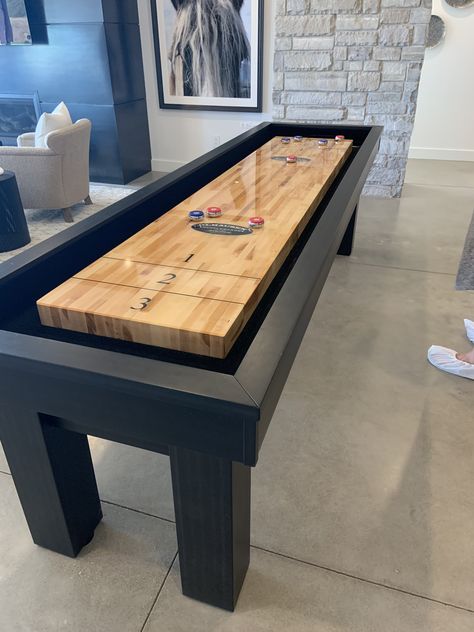 Shuffleboard Table With Top, Shuffle Board Ideas, Shuffleboard Basement, Shuffle Board Tables, Shuffle Board Table, Shuffle Boards, Farmhouse Game Room, Basement Update, Shuffle Board