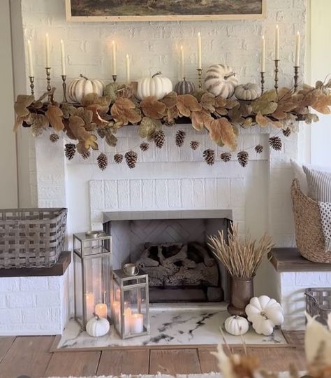 Neutral Thanksgiving Decor, Mantle Fall Decor, Fall Coziness, Autumn Mantle, Fall Mantels, Mantle Decorating, Fall Fireplace Decor, Fall Aesthetics, Fall Mantle Decor