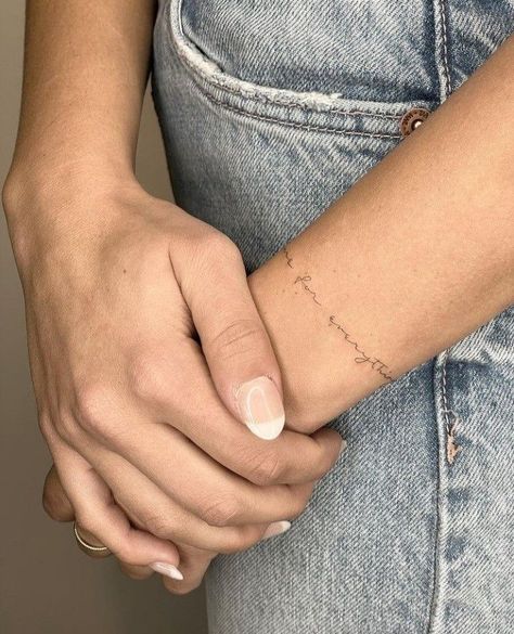 Writing Around Wrist Tattoo, Wrap Around Wrist Tattoos Quote, Small Script Tattoo Wrist, Small Wrist Wrap Tattoos, Tattoo Around Wrist For Women, Bracelet Word Tattoo, Quote Bracelet Tattoo, Words Wrapped Around Arm Tattoo, Line Wrist Tattoos For Women