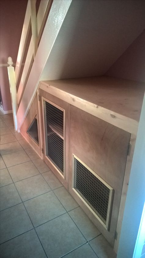 New bespoke under stair accommodation for my two house rabbits Under The Stairs Rabbit House, Stairs Nook, Bunny Pen, Under Stairs Nook, Stair Nook, Under Stair, Rabbit House, All About Rabbits, Home Wine Cellars