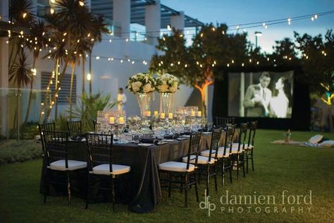 Intimate back yard wedding. Love the photo projector. Backyard Reception, Yard Wedding, Party Setup, Party Planners, Wedding Entertainment, Event Lighting, Wedding Prep, Backyard Party, Wedding Night