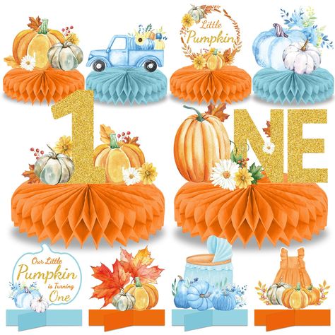 PRICES MAY VARY. Package Includes: You will get A Little Pumpkin is On The Way honeycomb centerpiece set with 10pcs of Little Pumpkin 1st Birthday honeycomb centerpiece cards, 4pcs of cross bases and 12pcs of honeycomb centerpiece bases in blue, enough quantity to meet Autumn Fall 1st birthday party decoration needs. Hit for birthday party decor: Our Little Pumpkin 1st honeycomb centerpiece table toppers are exquisitely designed featuring vibrant and vivid Little Pumpkin themed patterns, such as First Birthday Table Centerpieces, Birthday Table Centerpieces, Pumpkin 1st Birthday Party, Thanksgiving Table Toppers, First Birthday Centerpieces, Honeycomb Centerpiece, Pumpkin Birthday Party, Fall 1st Birthdays, Pumpkin Birthday Parties