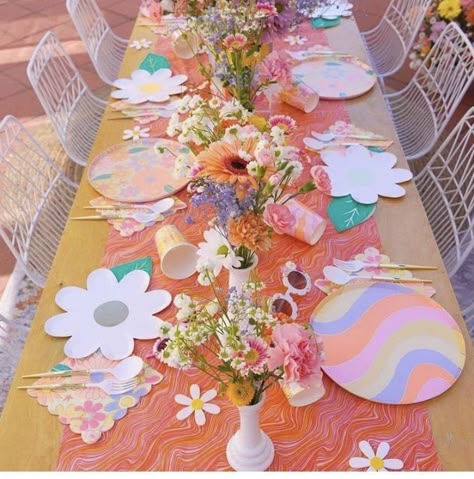 Hippie Party Plates, 5 Is A Vibe Outfit, Groovy Party Table Set Up, Flower Power 3rd Birthday Party, Groovy Birthday Party Table Decor, Flower Pool Party, Colorful Baby Shower Theme, Flower Child Birthday Party, Hippie Birthday Party Kids