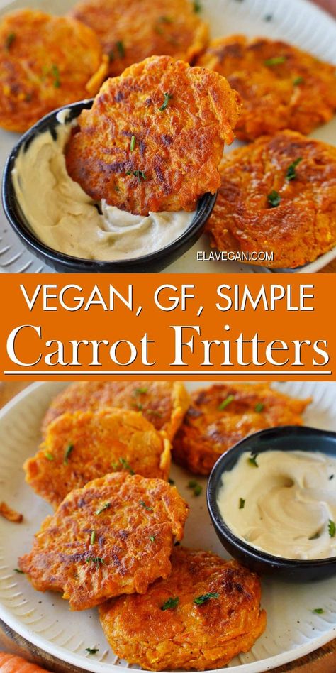 These carrot fritters are crispy outside, tender inside, and perfectly spiced for heaps of flavor! A light yet hearty gluten-free, vegan appetizer, side dish, or light main! #carrotfitters #veganomelette #veganrecipes #carrotrecipes #elasrecipes | elavegan.com Carrot Fritters, Carrot Recipes Side Dishes, Carrot Dishes, Carrots Side Dish, Veggie Fritters, Vegan Appetizer, Gluten Free Sides, Korean Side Dishes, Fritters Recipe