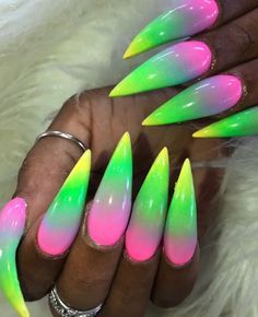 Curvy Nail Designs, Neon Stiletto Nails Summer, Neon Pink Nails With Rhinestones, Vibrant Nails Summer, Gel Nails Easter, May Nail Colors, Rainbow Nails Acrylic, Summer Stiletto Nails, Diy Rhinestone Nails