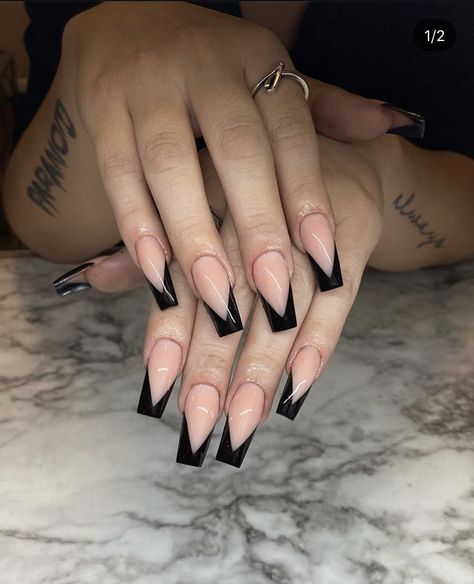 Black Vtip French Nails, Black French Tip Triangle, Decorated French Tip Nails, Black V Shape French Tip Nails, Black V Tip Acrylic Nails, Black Triangle French Tip Nails, V French Tip Acrylic Nails, Black V French Tip Nails, Black Dress Nail Ideas