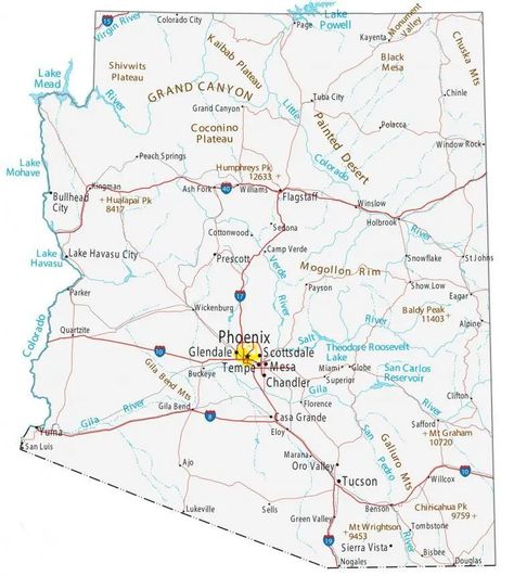 Arizona Map - Cities and Roads - GIS Geography Map Of Arizona, Arizona Map, State Map Art, Arizona City, Bullhead City, Lakes In California, Arizona Vacation, Colorado City, Lake Mead